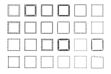 Square frames doodle set,hand-drawn monograms.Edgings and cadres with simple sketchy design elements.Isolated. Vector illustration.