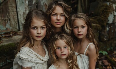 Obraz premium Mother and two daughters posing and looking into the camera while in a ruin in the woods. Port Townsend, Washington, USA