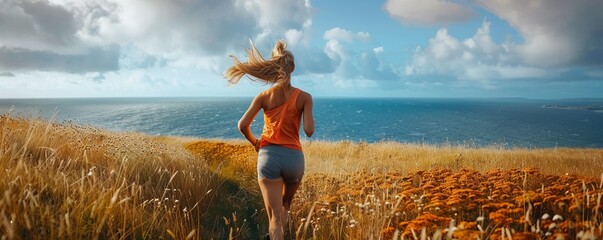 Woman running on grassy field by sea against cloudy sky - Powered by Adobe