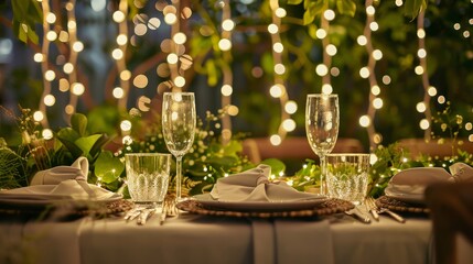 Romantic green-themed wedding table setting under twinkling lights