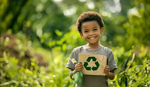 Smiling black African American boy holding a placard with a green recycling sign. Recycle concept, space for text	