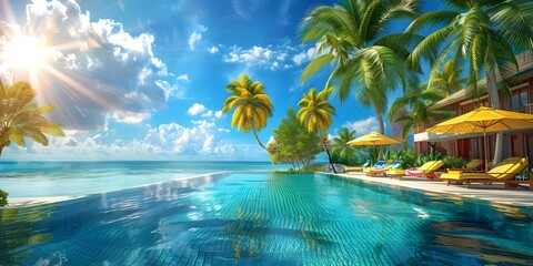 Luxury beach resort with swimming pool palm trees and sunny sky. Concept Luxury vacation, Beach getaway, Tropical paradise, Resort living, Sunny escapade