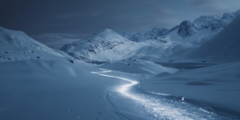 A stunning night-time scene of a snowy mountain landscape, illuminated by a glowing trail leading through the pristine white snow under a calm, starry sky.

