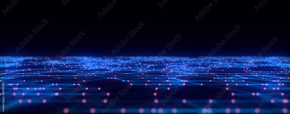 Fototapete Wave of particles and lines. Big data visualization. Abstract background with a dynamic wave. 3d rendering.