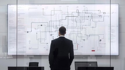 businessman using computer show diagram algorithm flow Business process organigram, hierarchy scheme. design workflow automation with flowcharts. model structure digital and data management