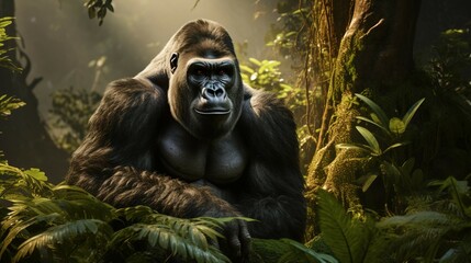Obraz premium Silent Observer: Gorilla in Tree Canopy Seeking