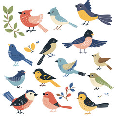 Assortment colorful cartoon birds various species foliage. Collection cute flat style songbirds perched flying leaves branches. Vibrant bird characters nature wildlife theme flora fauna