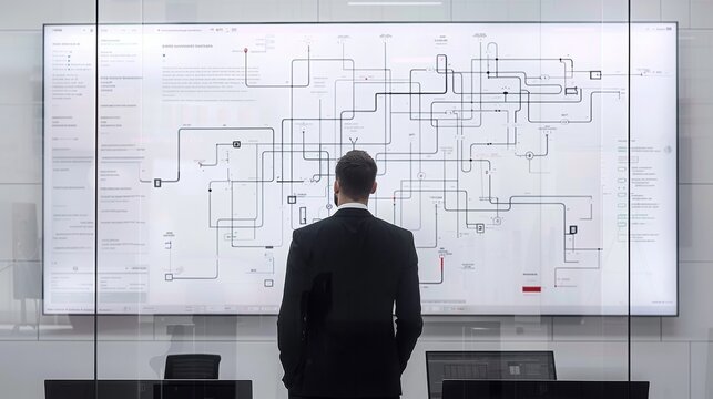 businessman using computer show diagram algorithm flow Business process organigram, hierarchy scheme. design workflow automation with flowcharts. model structure digital and data management