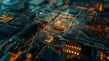 Obraz premium Closeup on advanced microchip AI of powerful computer board with technical details elements artificial intelligence as wide banner design with copy space.