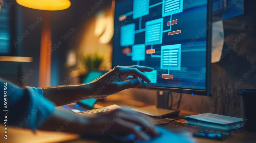 Wall mural software developer working at night, illuminated by screen light in a dark room, concept of technolo