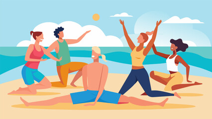 A group of friends laughing and practicing partner yoga on the beach during a weekend retreat.. Vector illustration