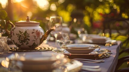Fototapeta premium Outdoor dining area, close-up of fine china set on table, garden view, sunset lighting