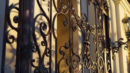 Luxury villa, ornate gate detail close-up, intricate ironwork, golden hour lighting 