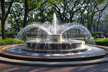 Sprawling Fountain at City Park on a Sunny Day