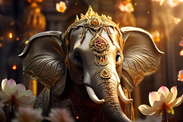 Indian elephant decked out for a celebration Imagine a stylish elephant wearing a silk sarong that flows and is embellished with golden bangles and elaborate patterns. It has an air of royal grandeur  - obrazy, fototapety, plakaty