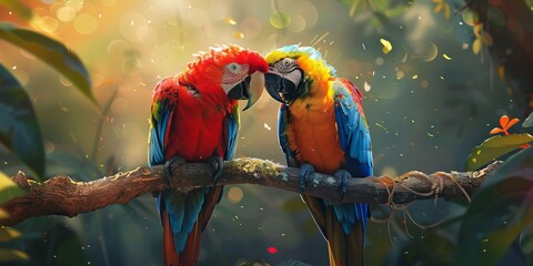 Two cute macaw birds in love