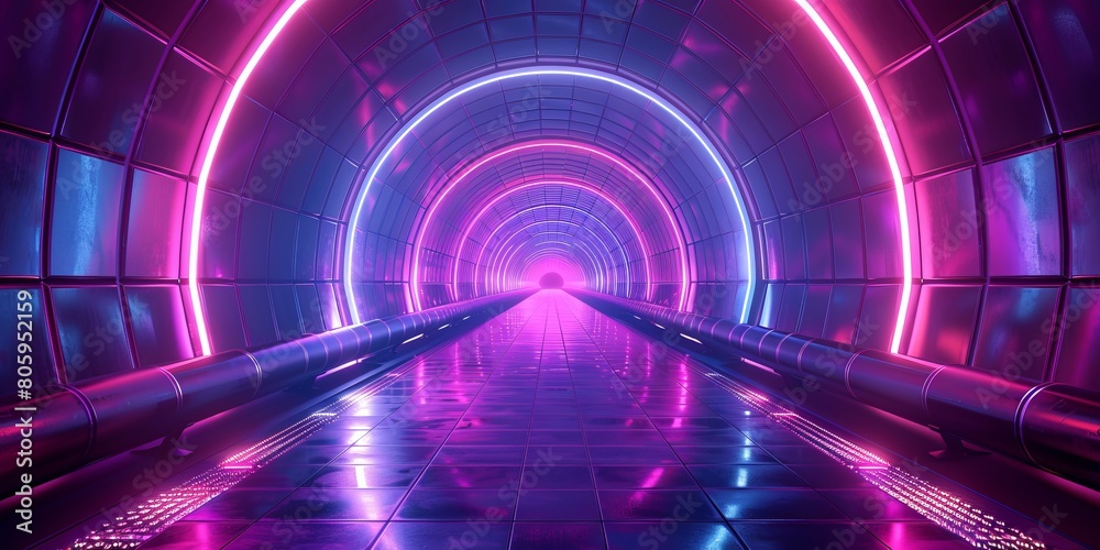 Poster bstract background of futuristic corridor with purple and blue neon lights