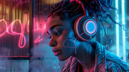Beautiful woman with headphones and modern style