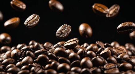 Fototapeta premium coffee beans falling on a black background