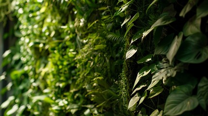 Green building, living wall close-up, lush greenery, vertical garden, soft natural light 
