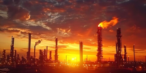 Aerial view of oil refinery at sunset with industrial equipment in background. Concept Industrial Photography, Oil Refinery, Sunset Scenery, Aerial View, Industrial Equipment,