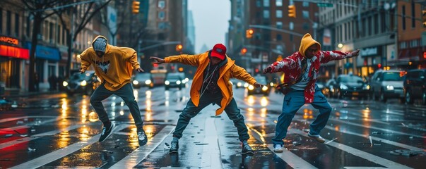 Three hip hop dancers on a city street