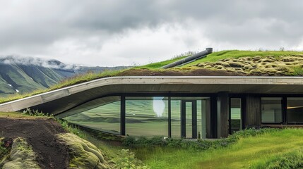 Earth-sheltered home, green turf roof close-up, integration with landscape, cloudy day 