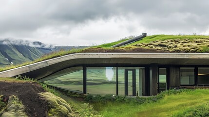 Fototapeta premium Earth-sheltered home, green turf roof close-up, integration with landscape, cloudy day 