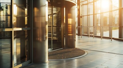 Commercial building entrance, revolving door close-up, polished steel, morning light 
