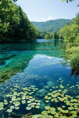 Panoramic view of a crystal-clear lake surrounded by lush greenery, with vibrant aquatic plants visible beneath the surface