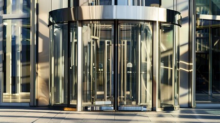 Obraz premium Commercial building entrance, revolving door close-up, polished steel, morning light