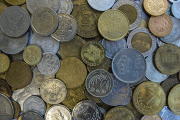 coins of different denominations of different countries of the world - obrazy, fototapety, plakaty