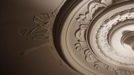 Federation house, ceiling rose detail close-up, plaster artistry, ambient lighting