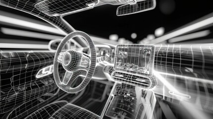 3D rendering of wireframe of driverless car with futuristic technology