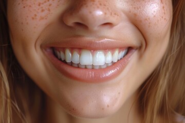 Obraz premium Close-up of a woman looking at the camera and smiling on a white background. Beautiful smile