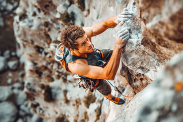 A climber grips a rocky crag, determination etched on their face.