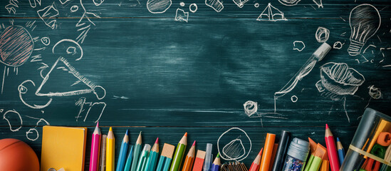 school supplies on black chalkboard background with copy space