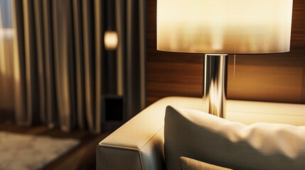 Modern home, minimalist lamp design close-up, sleek metal, warm glow in corner 