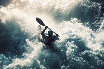 A kayaker navigates through turbulent whitewater, paddle flashing in the sunlight.