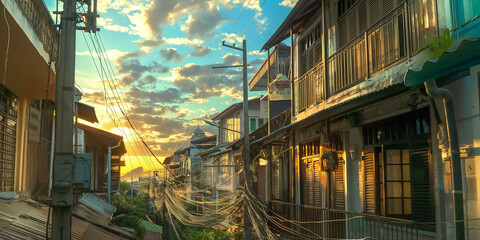 Obraz premium Retro style house inThailand, slum community in Thailand with electrical wire that look confuse,