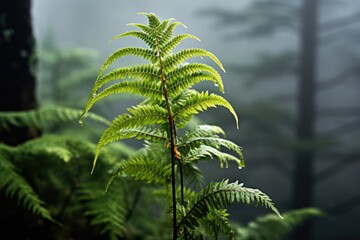 Close-up of a fern in a foggy morning.