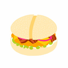 Burger with wheat bun, chicken cutlet, lettuce leaf, sauce, bacon, cheese, onion. Icon in cartoon style. Vector illustration isolated on white background. For menu, poster, infographic, restaurant.