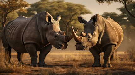 Obraz premium Wild Duets: Two Rhinos Roaming