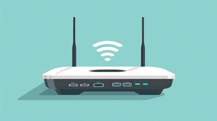 white wireless wi fi router with black antennae. simple flat vector illustration - obrazy, fototapety, plakaty