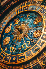 A closeup of an ancient zodiac chart with the sun and moon