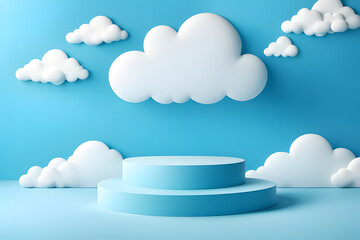 Podium with a cloud  for product presentation. Cartoon rainbow arch of colors in the sky rain season for banner, cover, and brochure. 3D rendering illustration.