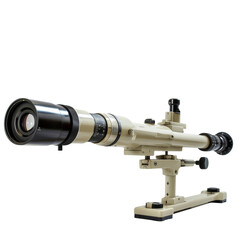 The image shows a man standing in a field, looking through a telescope. The telescope has a large lens and is mounted on a tripod.
