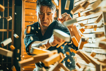 A martial artist breaks a series of boards with a rapid flurry of strikes, focus unwavering.
