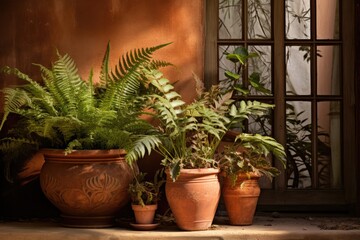 Ferns in a terracotta pot on a porch.