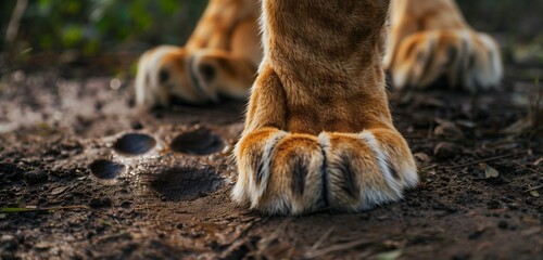 A close-up of a lion's paw stepping gently on the ground, leaving imprints in the soil.